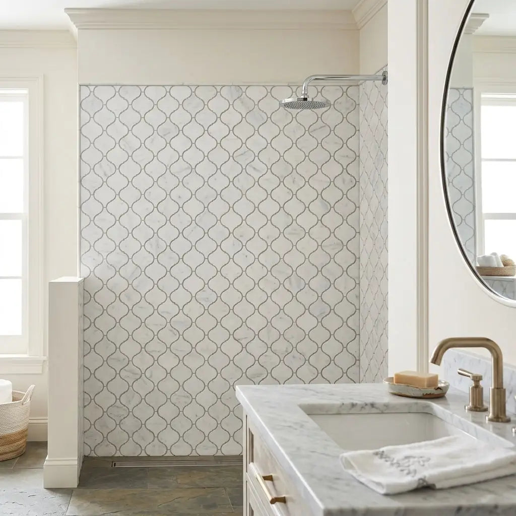 White marble-patterned carrara white lantern 3 inch arabesque mosaic tile with quatrefoil design for shower walls