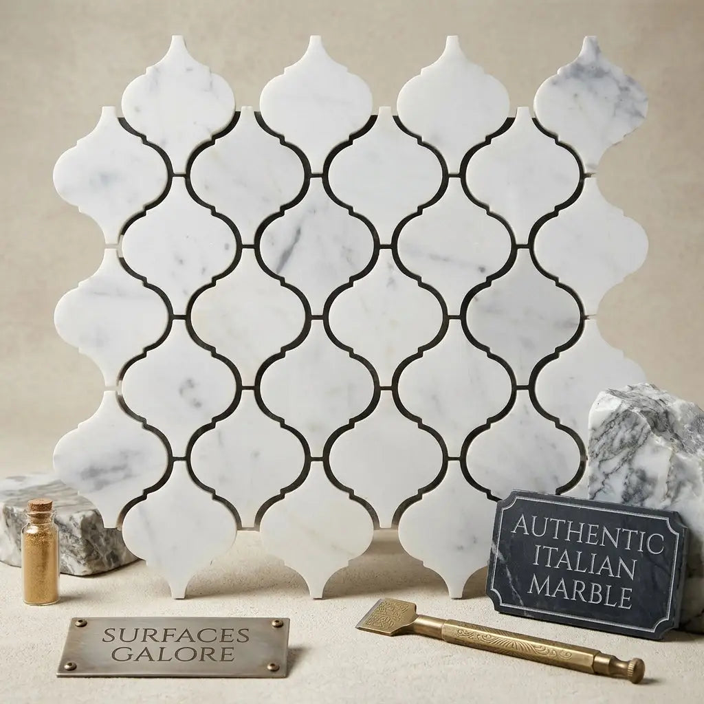 Carrara white lantern 3 inch polished marble tile with quatrefoil pattern and black grout lines in mosaic style