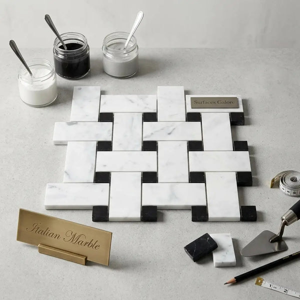 Carrara white large basketweave mosaic marble tile polished with black and white marble tiles in basketweave pattern