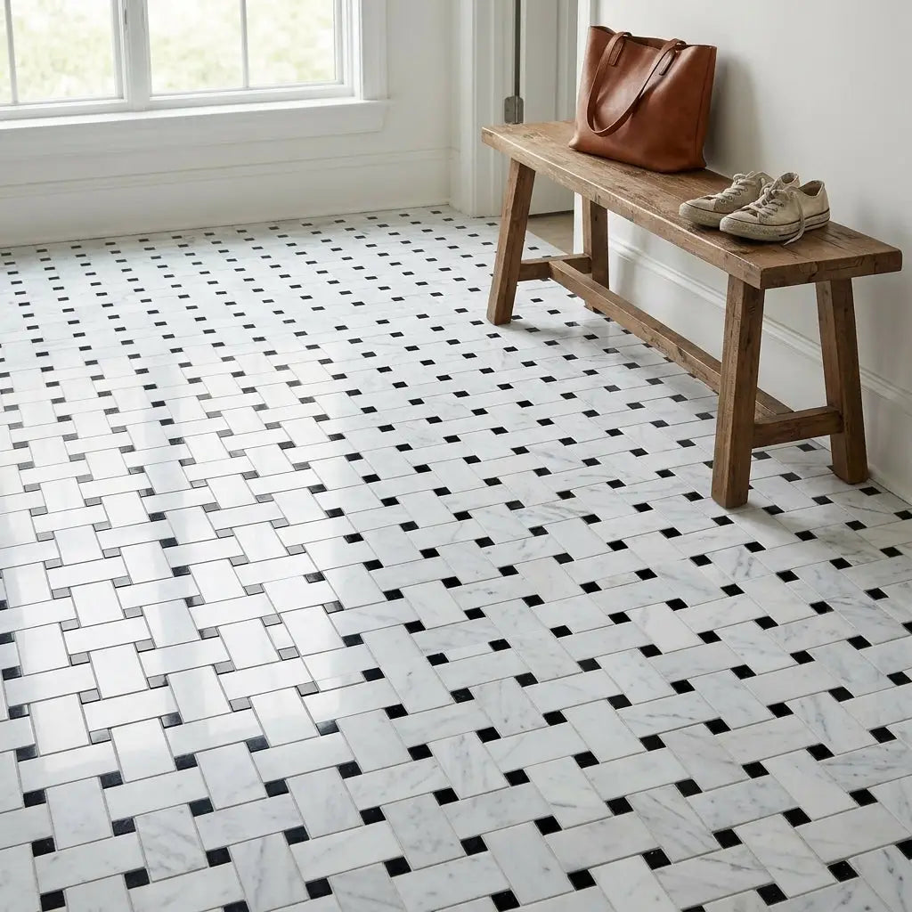 Carrara white large basketweave mosaic marble tile with black accent squares polished or honed herringbone pattern