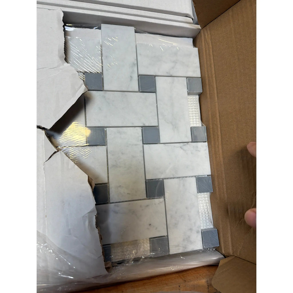Carrara white marble mosaic tile in large basketweave pattern with blue-gray accents, polished or honed