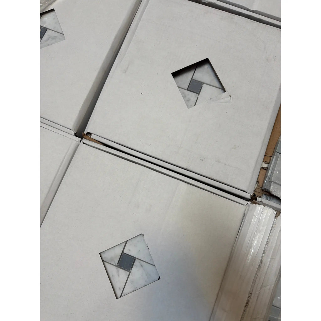 Carrara White basketweave mosaic marble tile with blue-gray diamond inlay