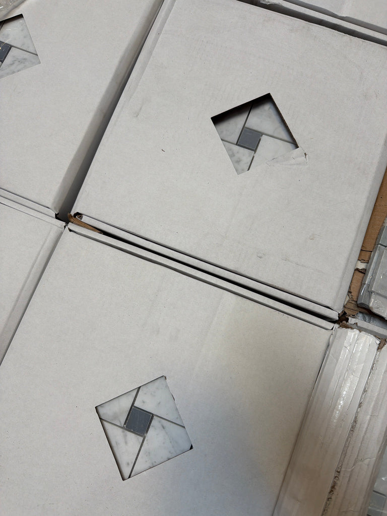 Carrara White basketweave mosaic marble tile with blue-gray diamond inlay