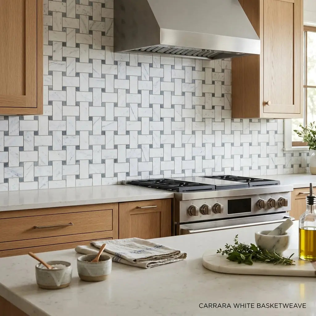 Carrara white large basketweave mosaic marble tile with blue-gray accents for kitchen backsplash polished or honed finish