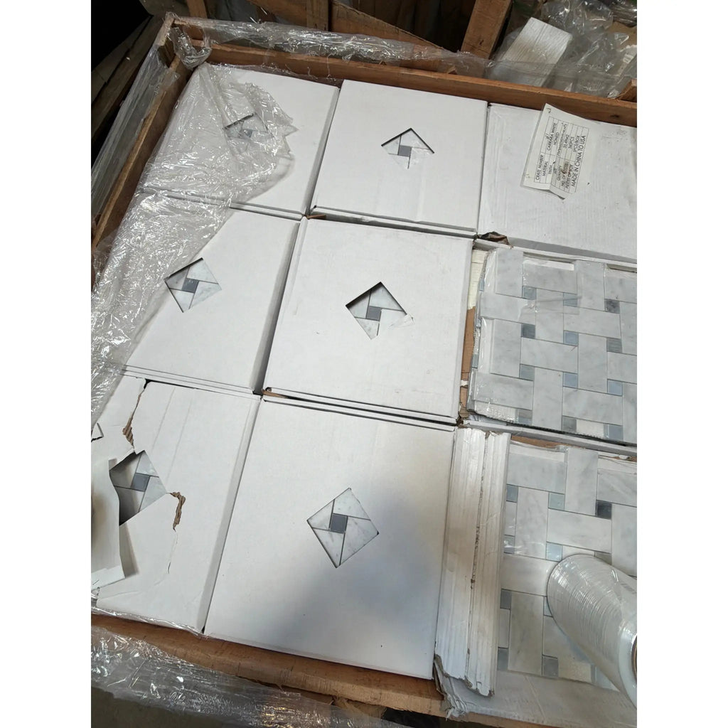 Carrara white basketweave mosaic marble tile with blue-gray accents, polished or honed