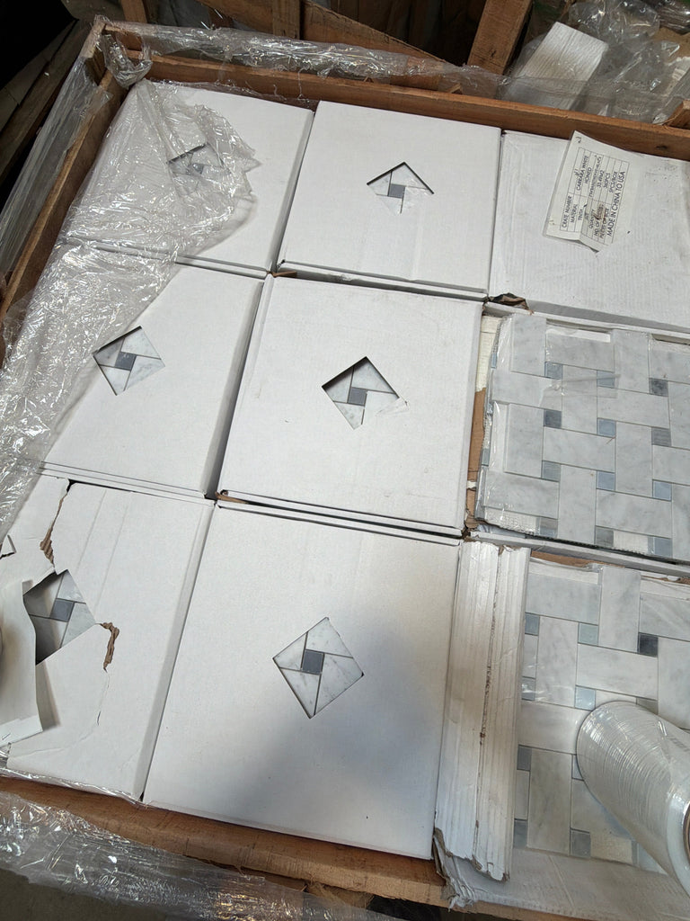 Carrara white basketweave mosaic marble tile with blue-gray accents, polished or honed