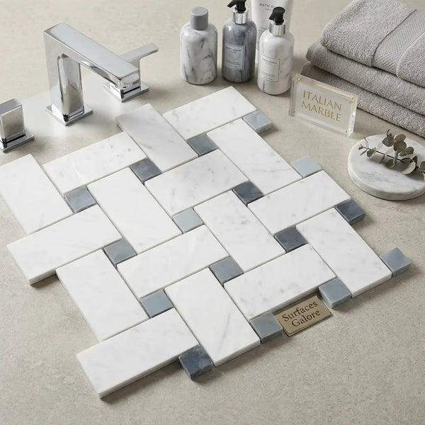 Carrara white large basketweave marble tile with polished herringbone mosaic pattern in white and gray tones