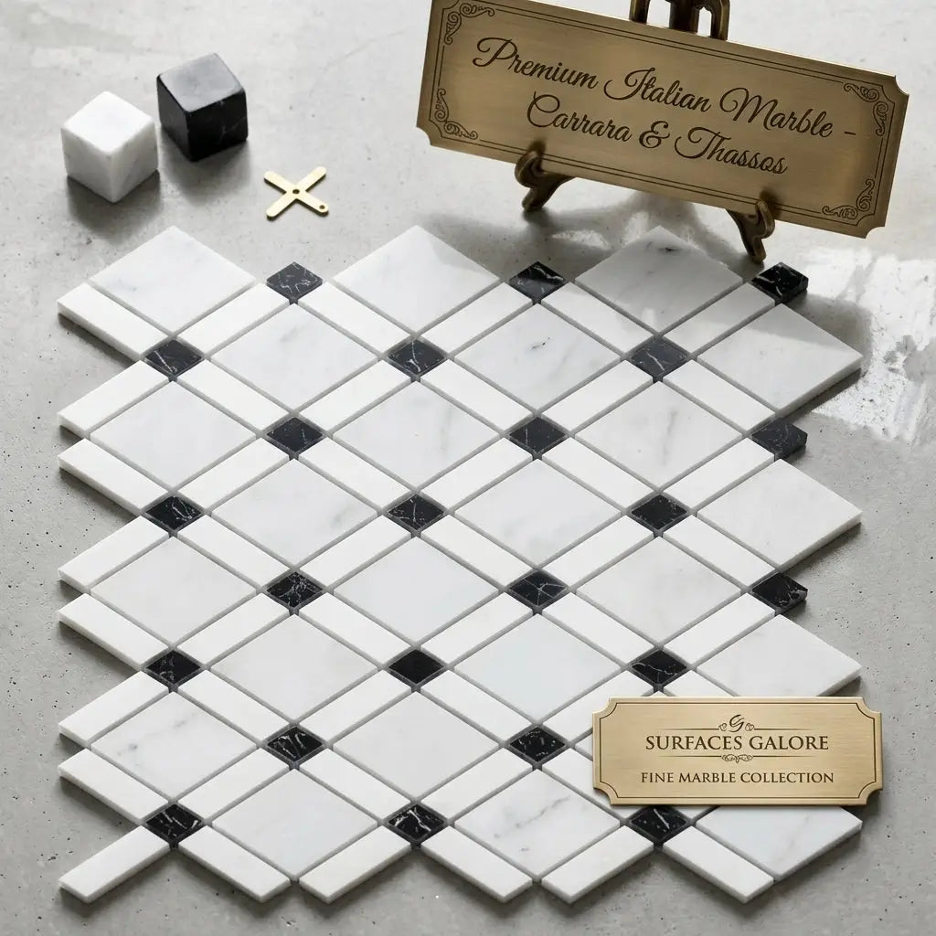 Carrara white lattice polished or honed mosaic marble tile featuring white black carrara and thassos in diamond pattern