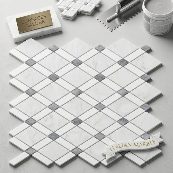 Carrara white lattice polished or honed mosaic marble tile featuring white gray and blue-gray italian marble in diamond pattern