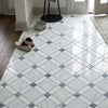 Carrara White lattice polished marble tile floor with white gray and blue-gray diamond pattern mosaic design