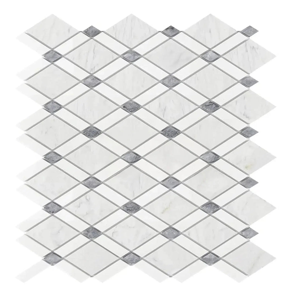 Diamond-patterned Carrara White Lattice Mosaic Marble Tile in polished or honed finish