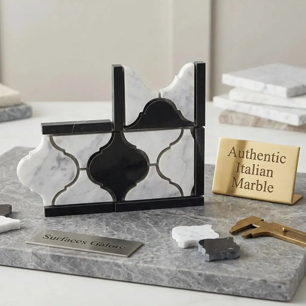 Black and white marble mosaic tile with ornate quatrefoil design carrara white luxury lantern border corner polished or honed