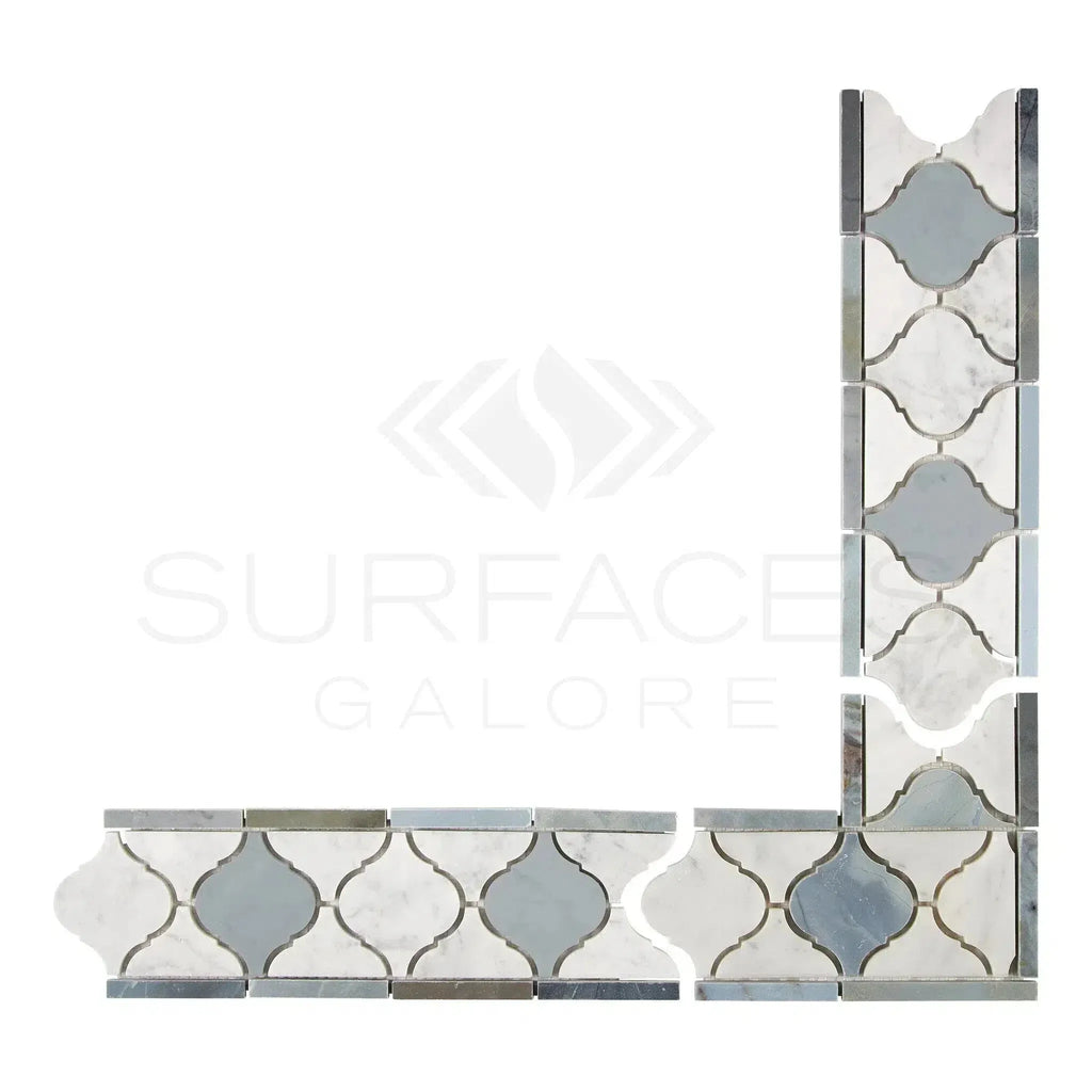 Arabesque mosaic tile border for Carrara White Luxury Lantern Corner with Blue-Gray finish