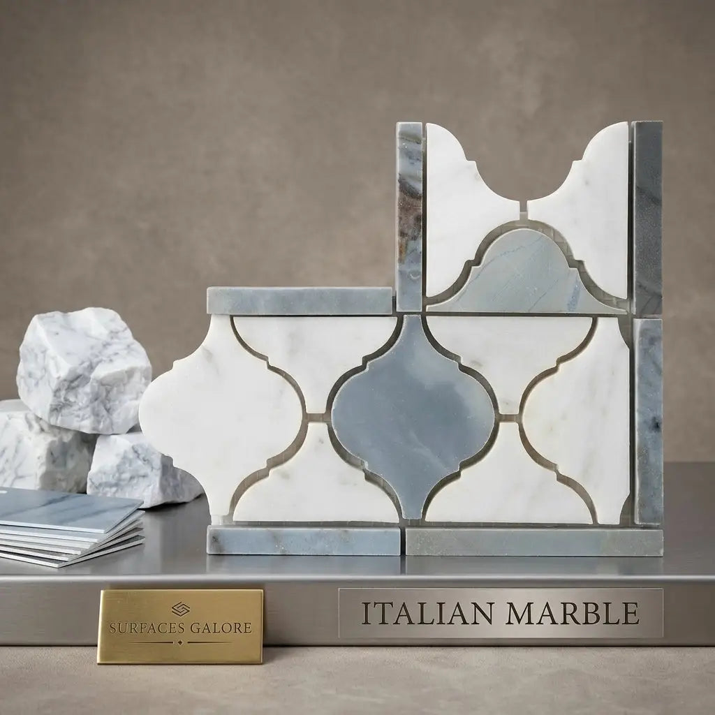 Italian marble mosaic tile carrara white luxury lantern border corner with blue-gray polished or honed finish