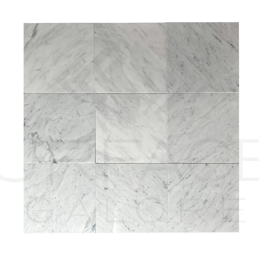Carrara White Madley polished marble tile arrangement for elegant flooring design