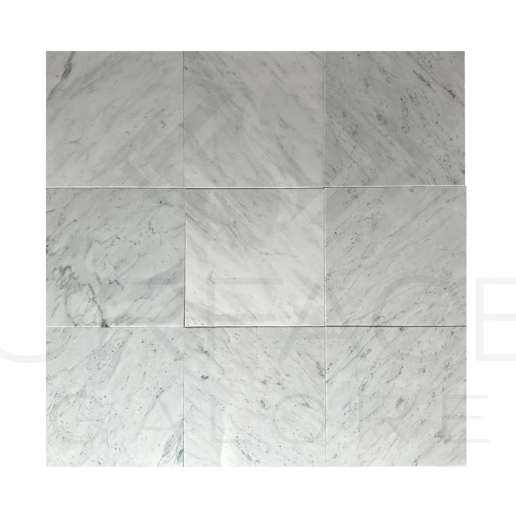 Nine square Carrara White Madley Polished Marble Tiles displayed for sale