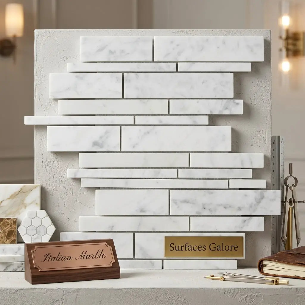 Carrara White Manhattan random-strip mosaic marble tile panel with polished or honed white marble and gray veining
