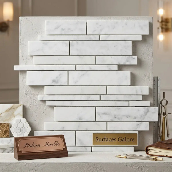 Carrara White Manhattan random-strip mosaic marble tile panel with polished or honed white marble and gray veining