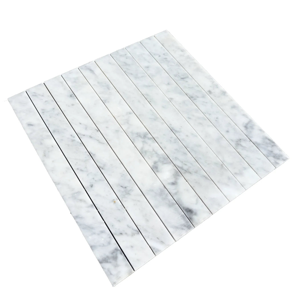 Carrara White Marble 1 1/8 X 12 Mosaic tile sheet featuring elegant white marble