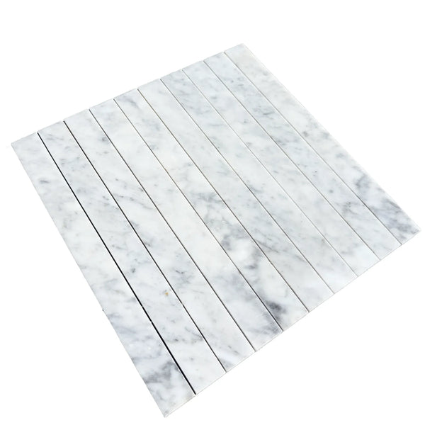Carrara White Marble 1 1/8 X 12 Mosaic tile sheet featuring elegant white marble