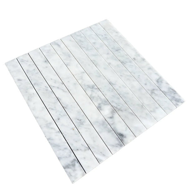 Carrara White Marble 1 1/8 X 12 Mosaic tile sheet featuring elegant white marble