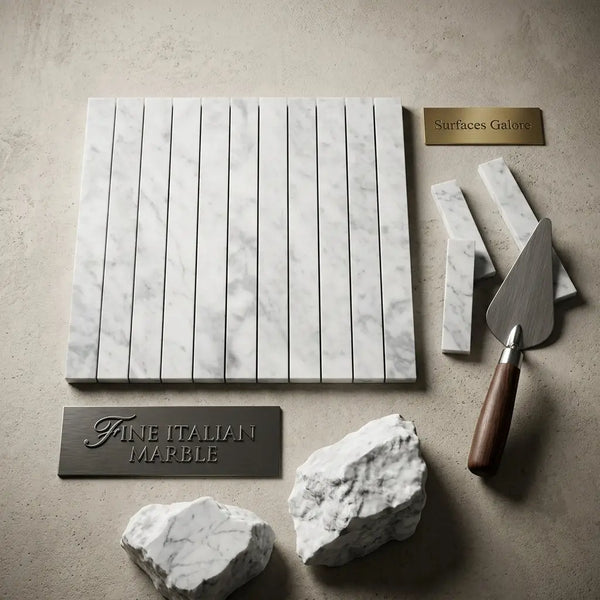 Carrara white marble 1 1/8 x 12 mosaic tiles with elegant gray veining arranged in a sleek vertical pattern