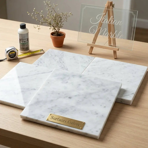 Carrara white marble 12x12 polished or honed slabs with subtle gray veining displayed on a wooden surface