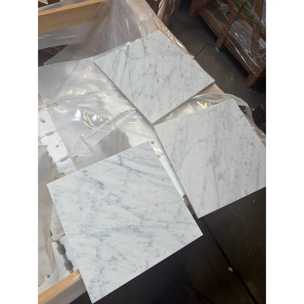 Carrara white marble 12x12 polished tiles with gray veining on plastic sheet