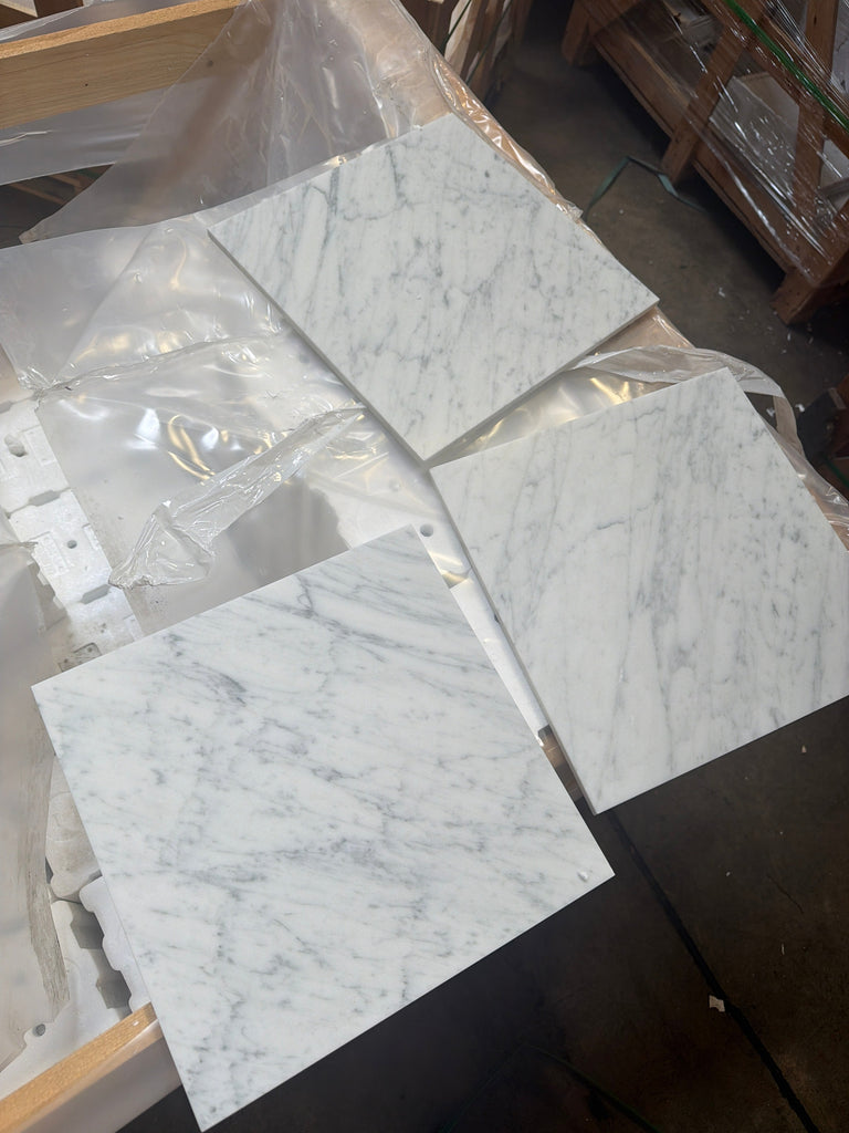 Carrara white marble 12x12 polished tiles with gray veining on plastic sheet