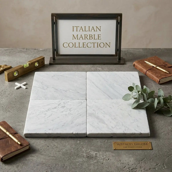 Carrara white marble 12x12 tumbled tiles with subtle gray veining arranged in a square pattern