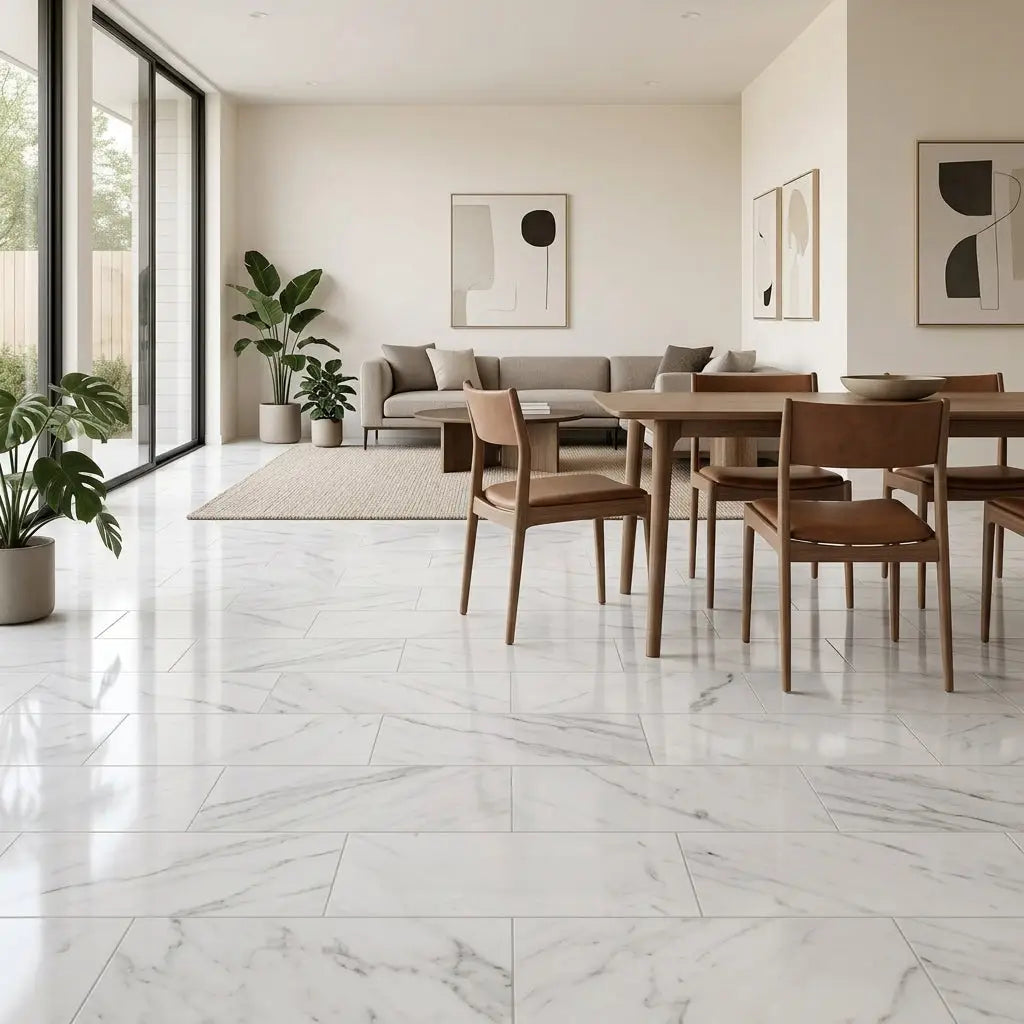 White marble-effect Carrara white marble 12x24 floor tiles with subtle gray veining polished or honed finish