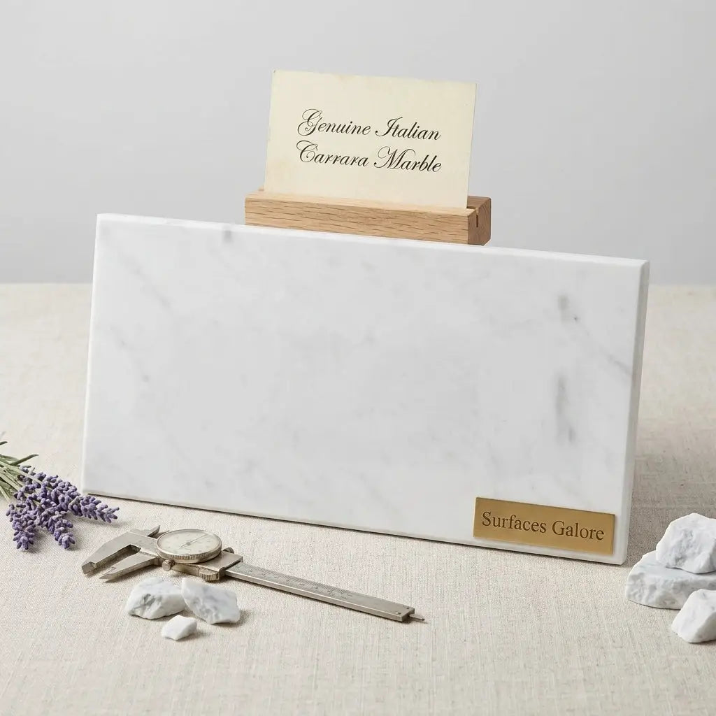 A sleek white carrara marble business card holder with gray veining and a wooden accent in polished 12x24 design