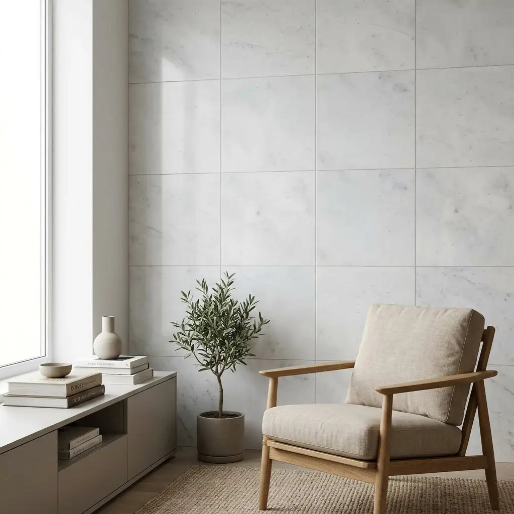 A minimalist wooden armchair with light beige cushions displayed on carrara white marble 18x18 polished tile