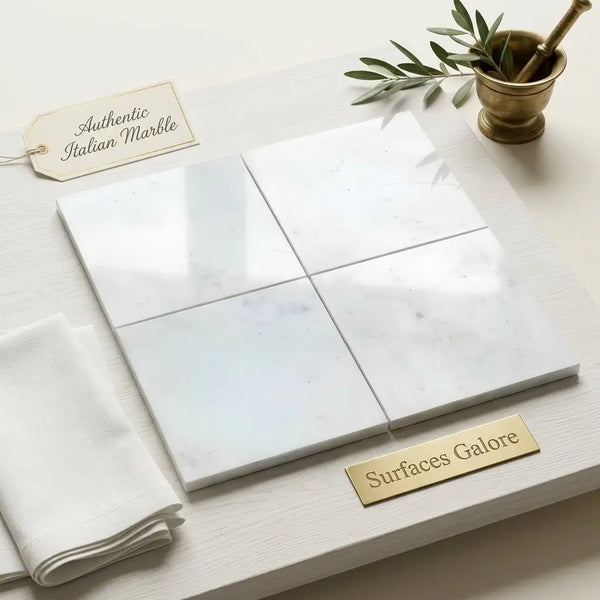 Carrara white marble 18x18 polished or honed tiles featuring authentic italian white marble with subtle gray veining