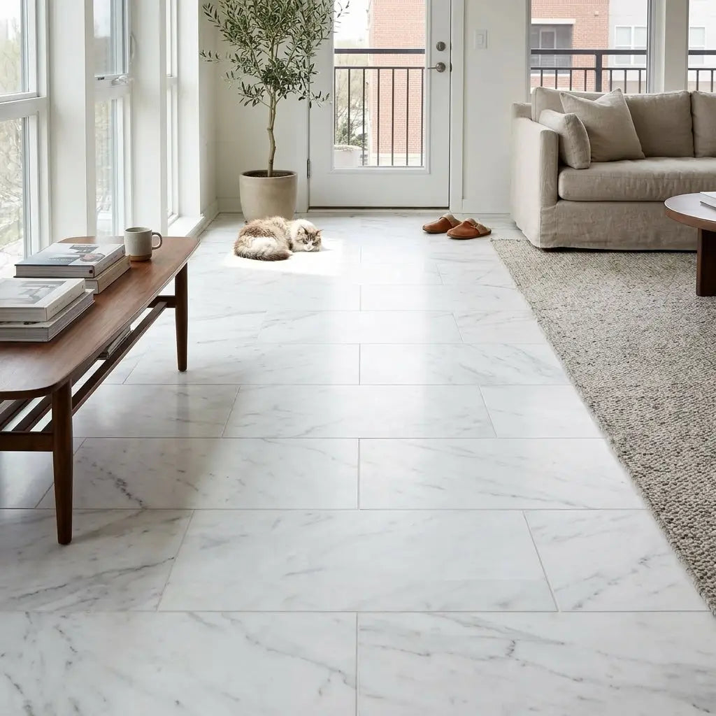 Carrara white marble 18x36 polished floor tiles with white marble effect and subtle gray veining