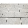 Carrara white marble 18x36 polished or honed rectangular floor tiles with subtle gray veining and dark grout lines