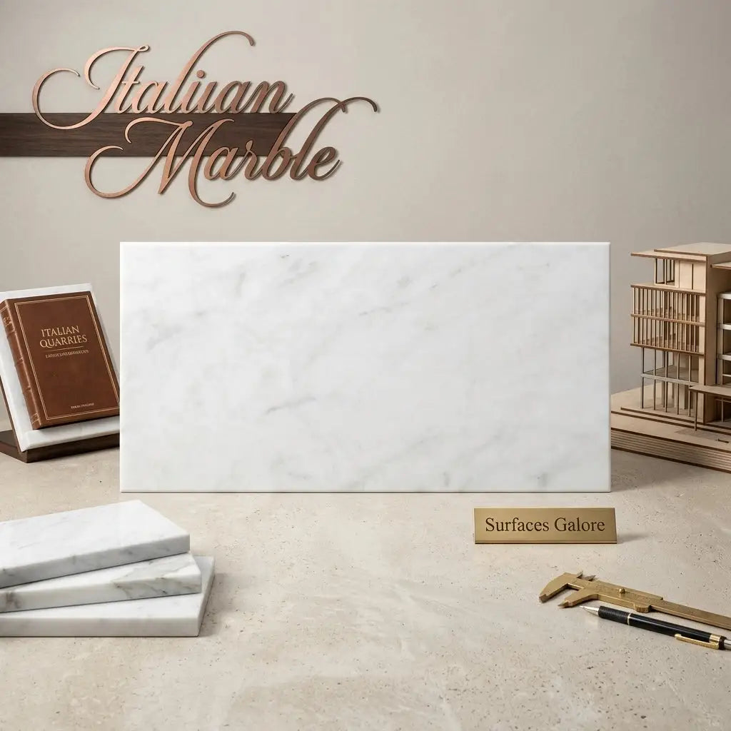 A sleek white Italian Carrara white marble slab 18x36 with subtle gray veining and a polished finish