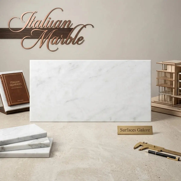 A sleek white Italian Carrara white marble slab 18x36 with subtle gray veining and a polished finish