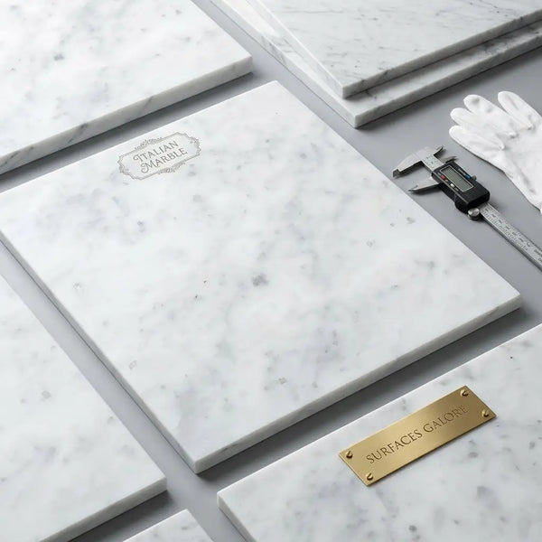 Carrara white marble 24x24 polished slab with subtle gray veining and a nearby gold plaque engraved surfaces galore