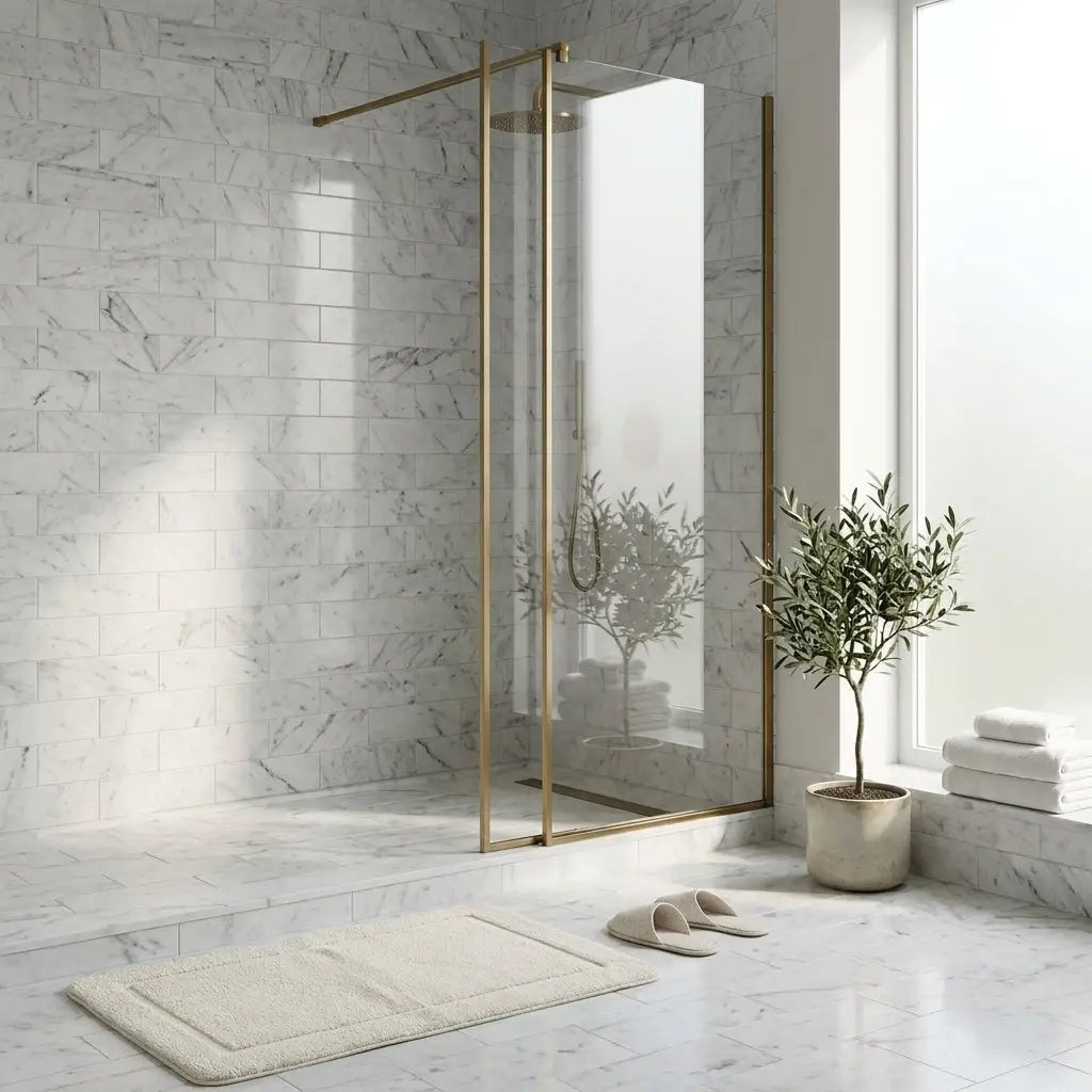 Gold-framed glass shower enclosure with sleek modern design and carrara white marble 2x8 polished or honed tiles