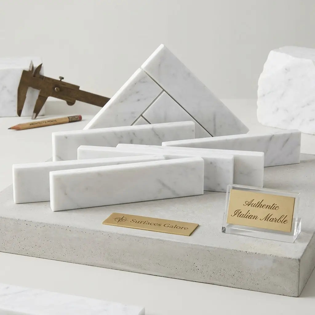 Carrara white marble 2x8 polished or honed rectangular blocks with subtle gray veining displayed on concrete base