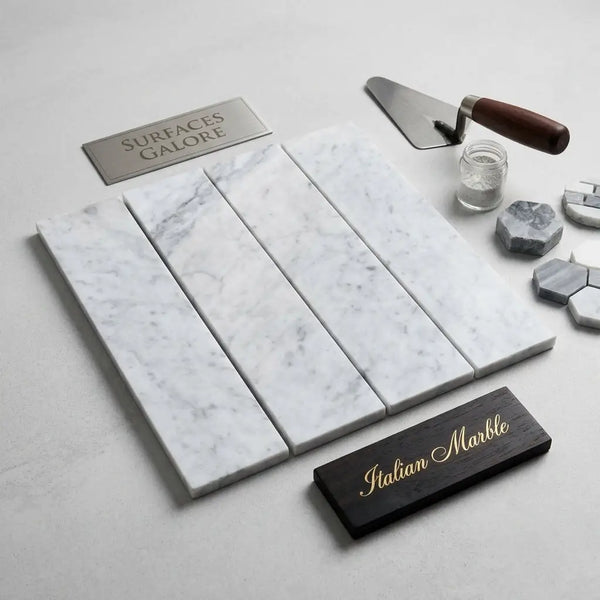 Four rectangular carrara white marble 3 x 12 field tiles with subtle gray veining arranged neatly on a light surface