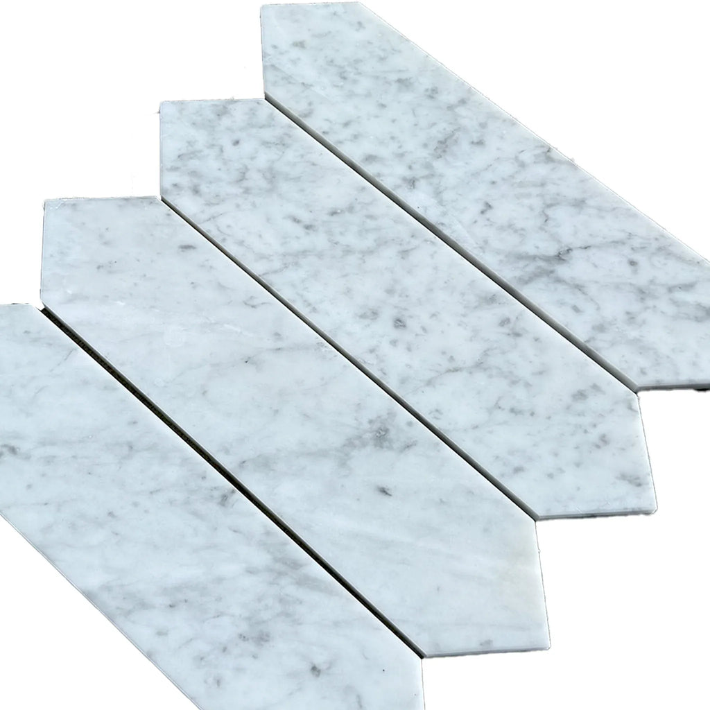 Carrara White Marble 3 X 12 Picket Mosaic showcasing elegant white marble picket tiles