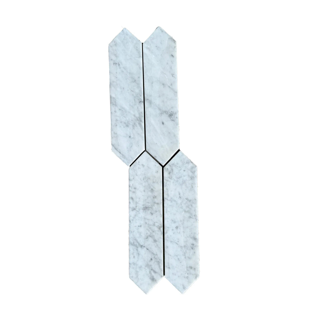 Arrow-shaped Carrara White Marble 3’’ X 12’’ Picket Mosaic tile display