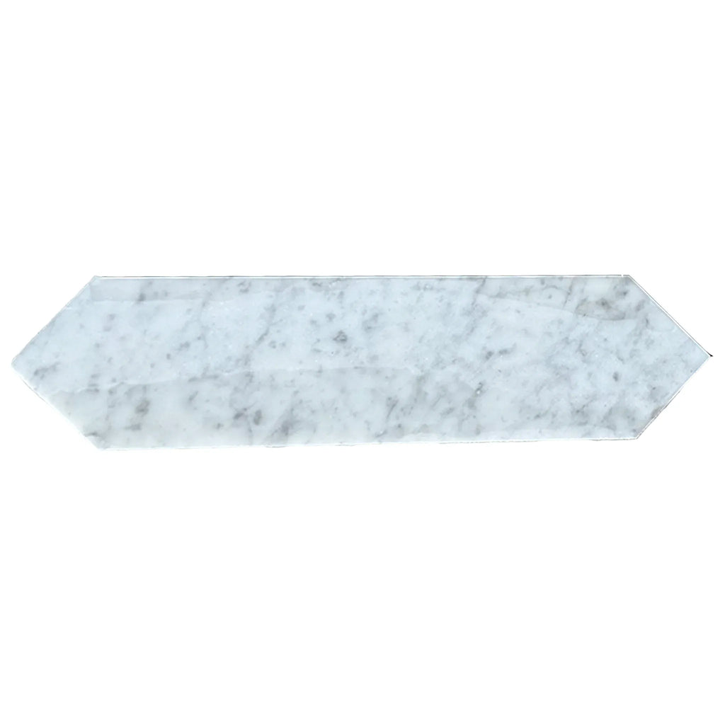Carrara White Marble 3’’ X 12’’ Picket Mosaic featuring elongated hexagon tile design