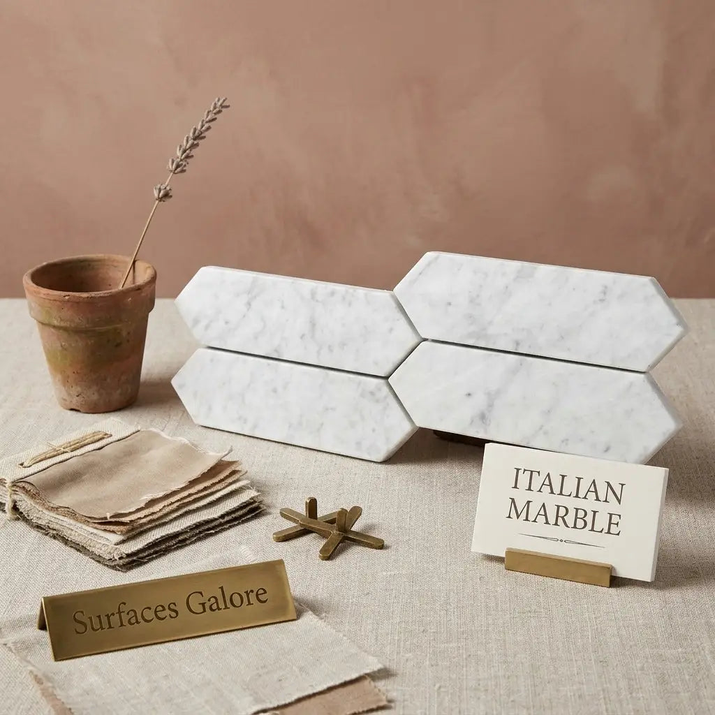 White italian carrara marble hexagonal tiles with subtle gray veining in 3 by 12 inch picket mosaic pattern