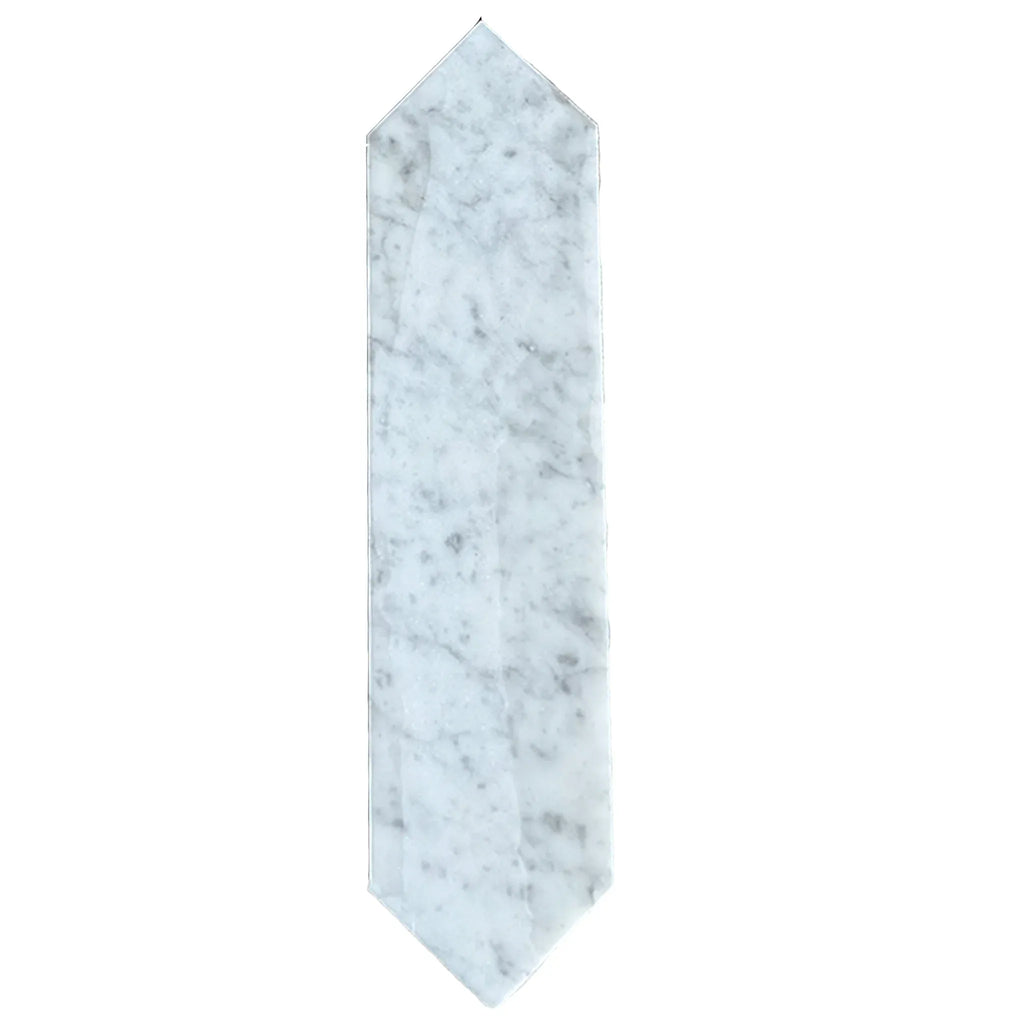 Marble-patterned elongated tile in Carrara White Marble 3 X 12 Picket Mosaic design