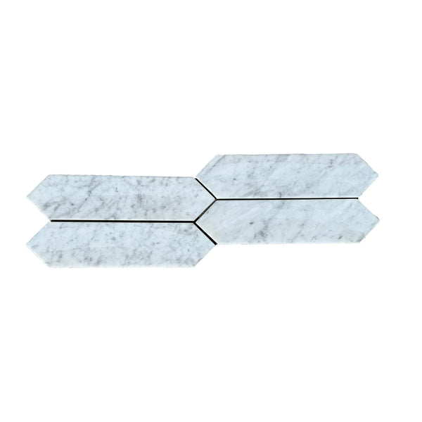 Carrara White Marble 3’’ X 12’’ Picket Mosaic tile arrangement showcasing elegance