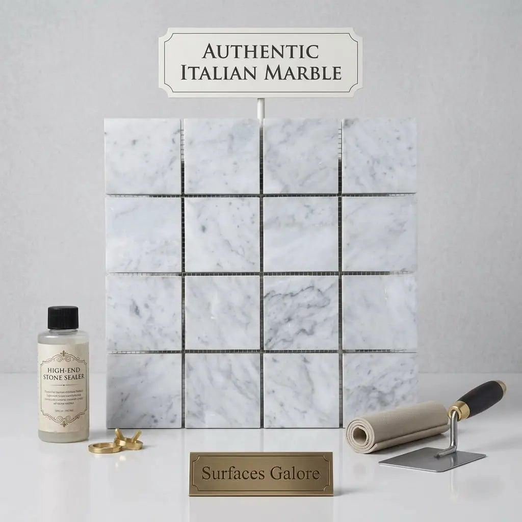 Carrara white marble 3x3 mosaic tiles with white and gray veining and metallic grout lines arranged in a grid