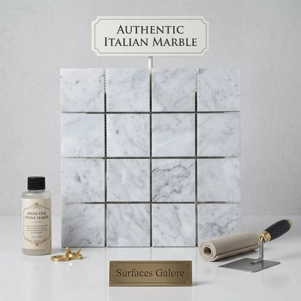 Carrara white marble 3x3 mosaic tiles with white and gray veining and metallic grout lines arranged in a grid